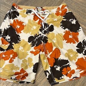 Men's Aero Floral Swim Shorts - Black, Orange, Tan Size Medium